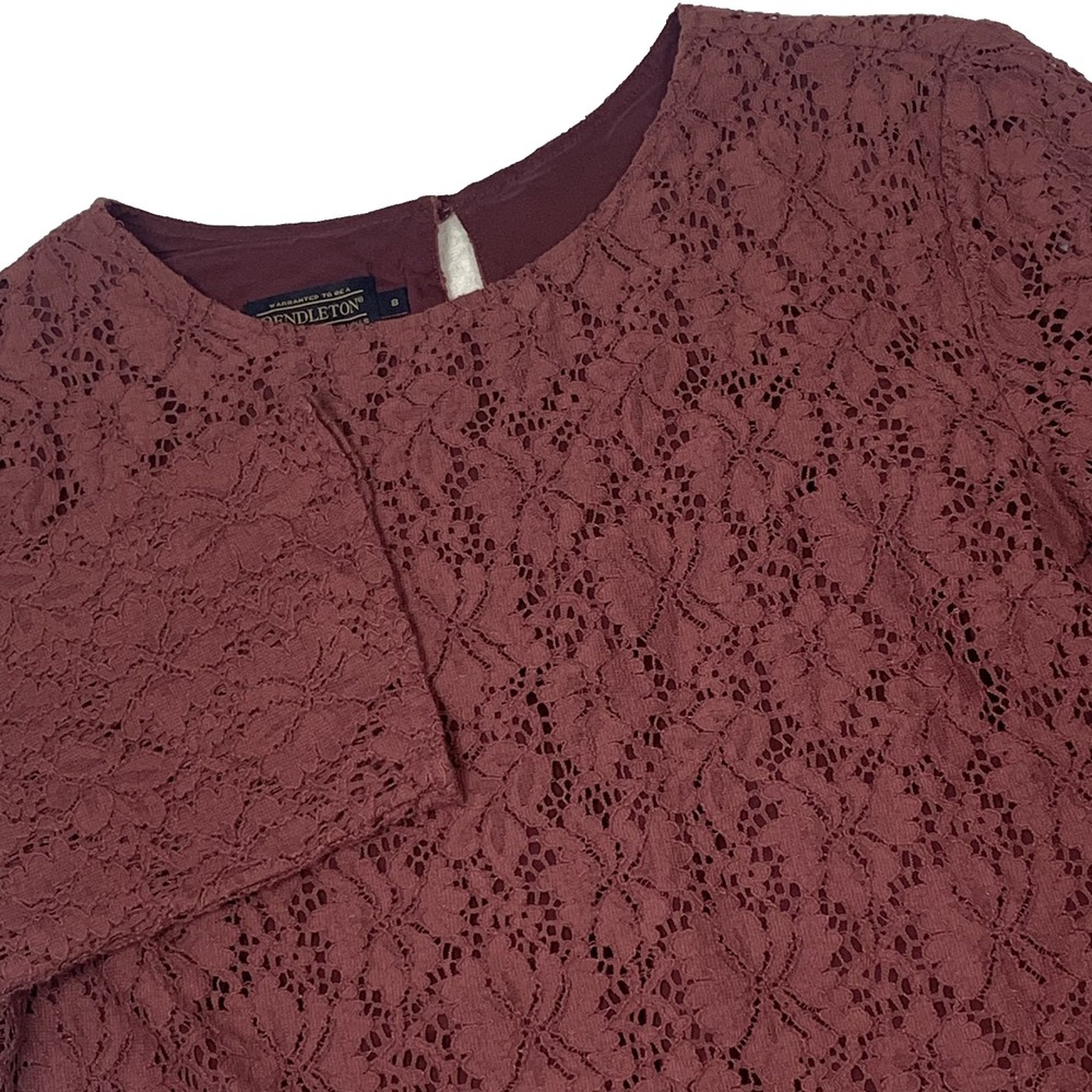 Pendleton Lace Blouse Womens 8 Burgundy Floral 3/4 Sleeve Cotton Blend Top